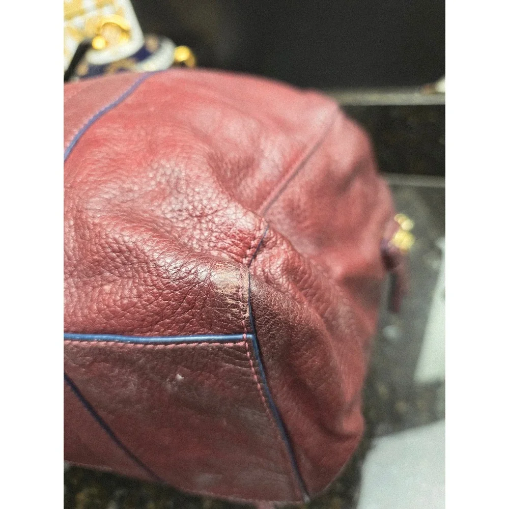 Tory Burch Brody Satchel Large Burgundy Pebbled Leather Gold Logo Duffel Bag